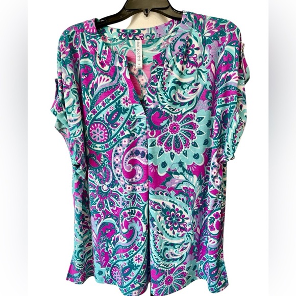 Dear Scarlet size 2X colorful short sleeve office work casual floral paisley - Picture 1 of 16